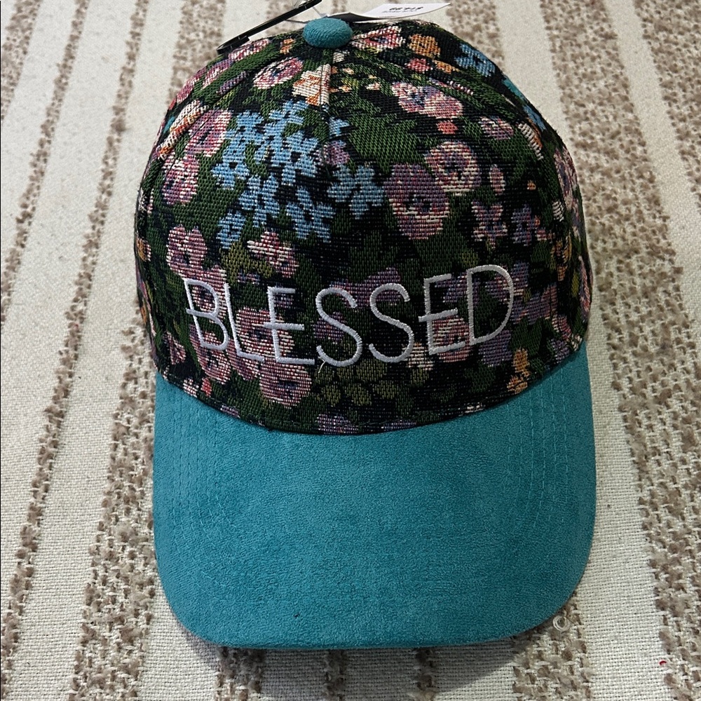 Blessed Floral Baseball Cap with teal color suede brim - Picture 2 of 6
